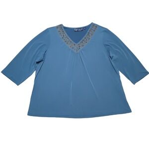 Susan Graver Style Top Womens Plus 2X Blue Beaded Stretch V Neck Tunic Relaxed